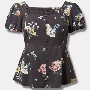 Torrid Adrianne floral Black Peplum Puff Short Sleeve Blouse